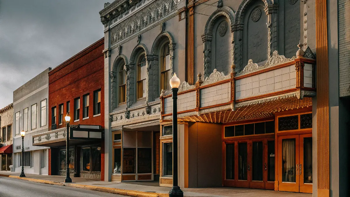 Early 1900s Princess Theatre facade in downtown Harriman Tennessee with vintage architecture